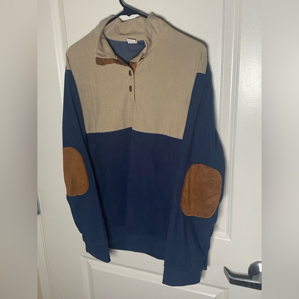 Men's Blue and Tan Sweater with Elbow Patches